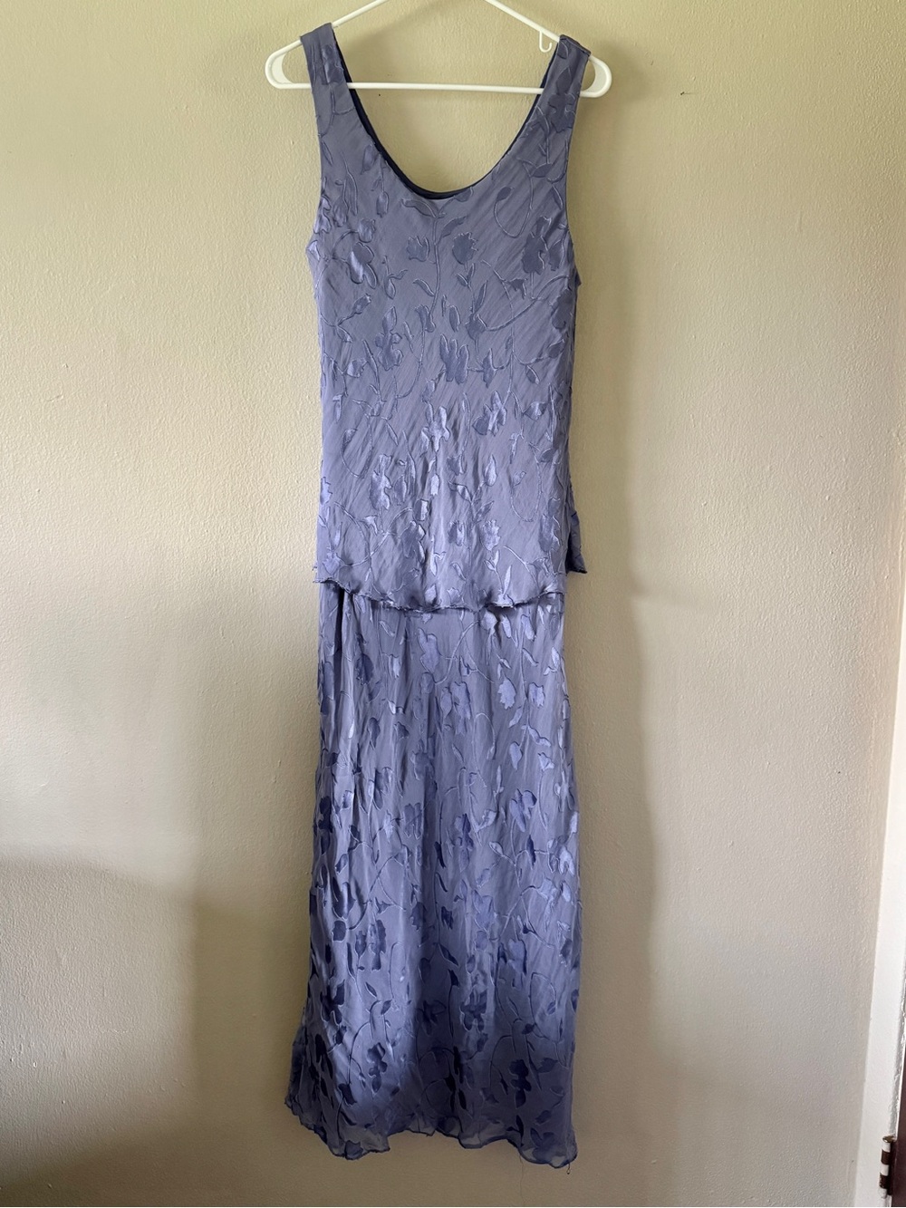 Vintage Capri Mon Cheri 100% Silk Burnout Beaded Maxi Dress Periwinkle Size 14